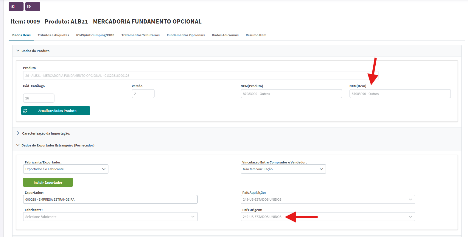 Tela de Transmissão DUIMP mostrando ocorrência de falha de validação de tributos