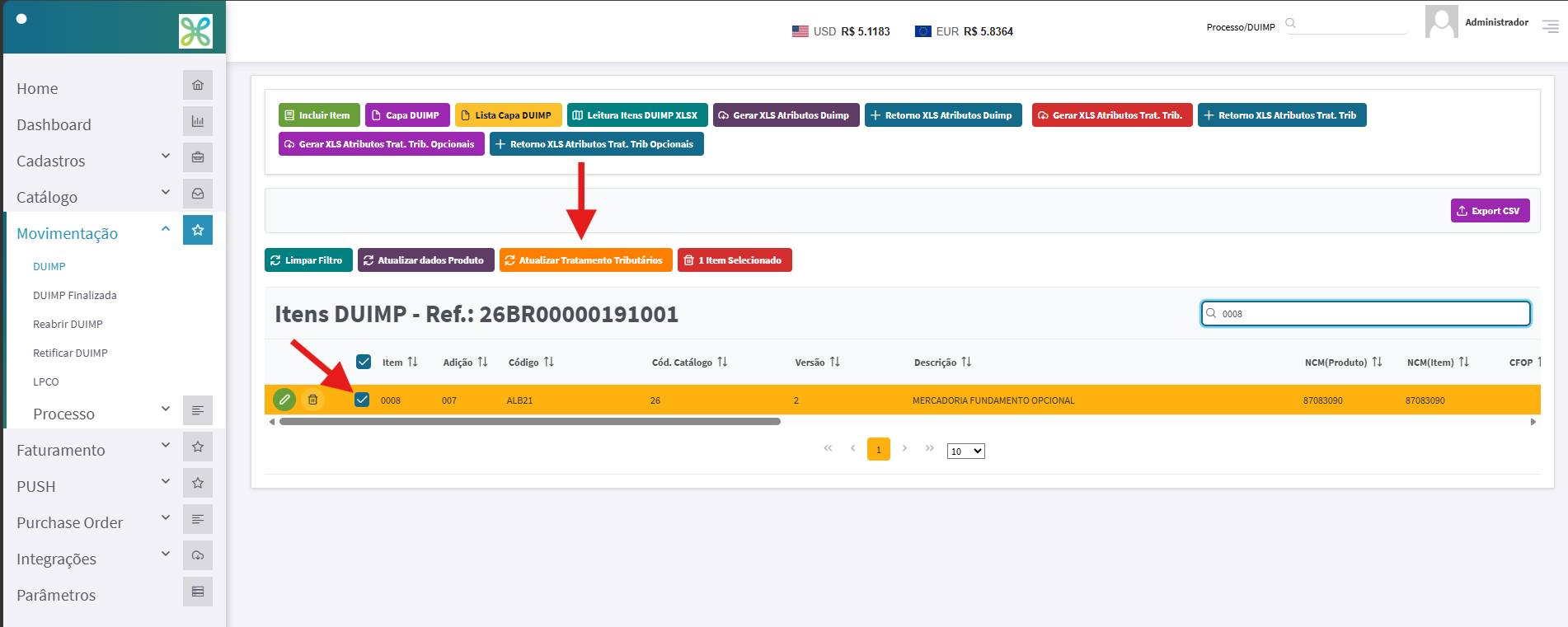 Tela de Calcular DUIMP com as opções Atualizar Dados Tributários e Importar Fundamentos Opcionais marcadas como Sim