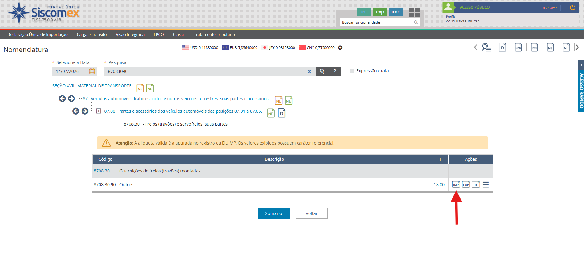 Menu do Portal Único Siscomex com a opção Classif > Consultar em destaque