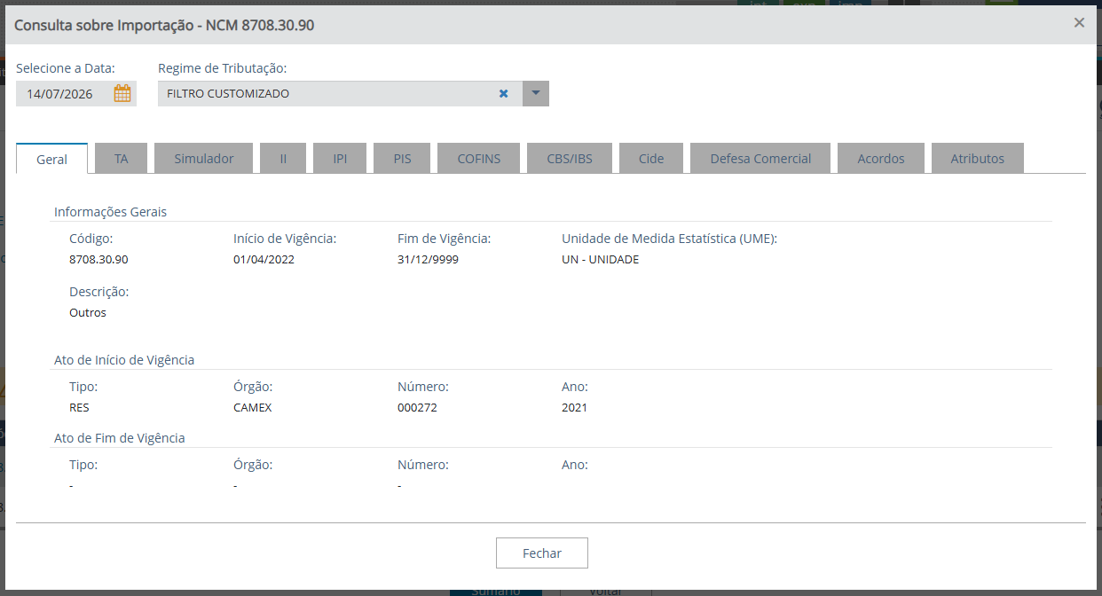 Tela de pesquisa por NCM no Classif do Portal Único