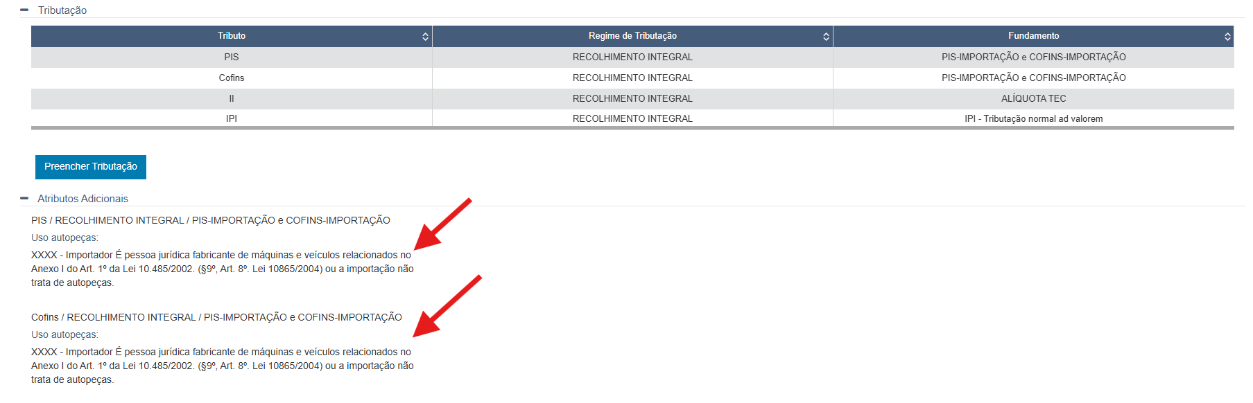 Sistema Flexus com o atributo preenchido como XXXX, mostrando percentual de PIS 2,10%