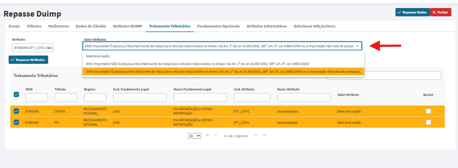 Coluna Valor Atributo sendo preenchida na tela de Repasse