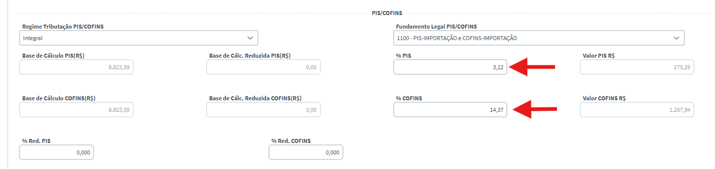 Sistema Flexus com o atributo preenchido como 0001, mostrando percentual de PIS 3,12%