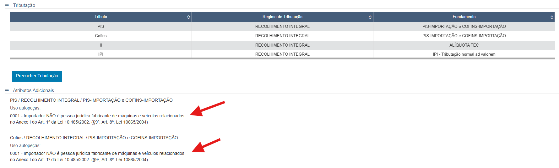 Portal Único mostrando os atributos adicionais para o valor 0001